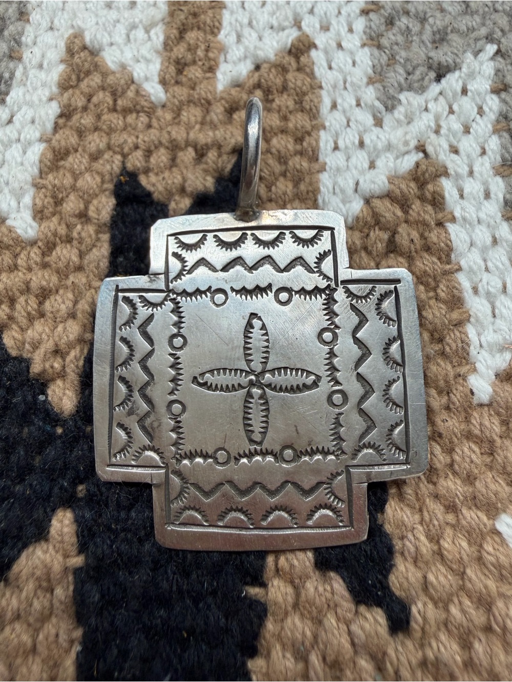 Native JG signed sterling silver stampwork cross pendant